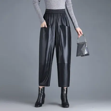 哈伦裤女PU皮裤子2023秋季新款松紧腰大码宽松中老年九分休闲裤冬商品大图
