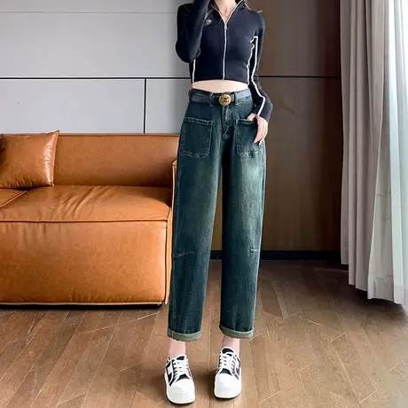 蓝色卷边牛仔哈伦裤女2023春秋新款高腰直筒宽松显瘦萝卜老爹裤商品大图