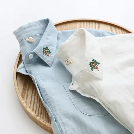 秋季新款日系刺绣双层棉纱长袖衬衫女学生百搭打底柔软纯色白衬衣商品大图