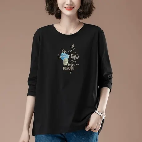 加肥加大码长袖t恤女秋季宽松中年妈妈装百搭遮肚刺绣纯棉打底衫图片