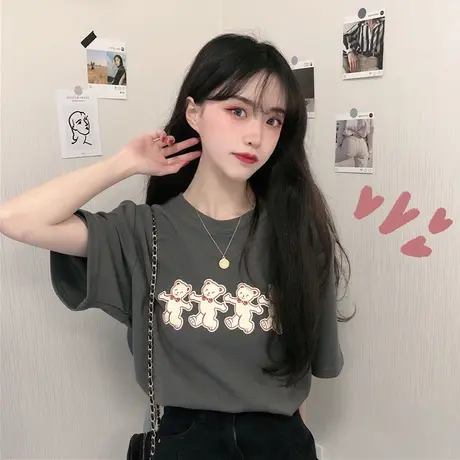 春装2024新款小清新可爱减龄卡通小熊学生百搭宽松打底短袖T恤女商品大图