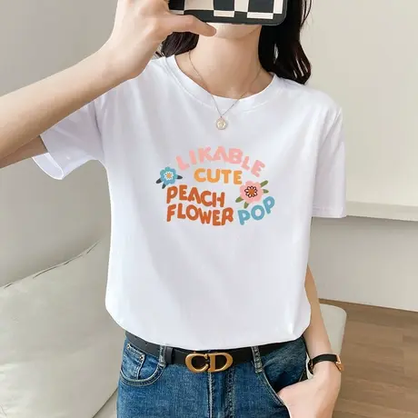 2022夏季新款白色t恤女短袖纯棉宽松圆领体恤印花基础款夏装上衣图片