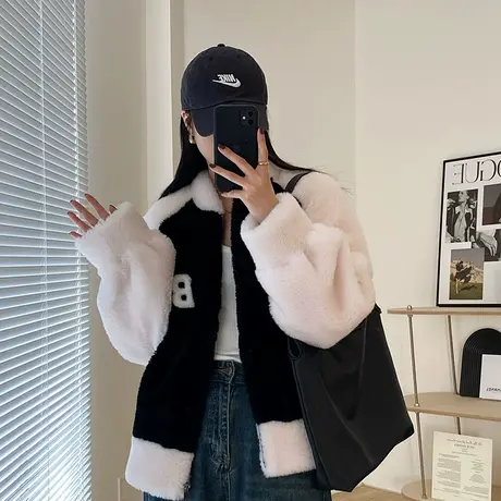 冬季新款黑白配刺绣撞色羊羔毛短外套秋冬装大码宽松洋气减龄上衣商品大图