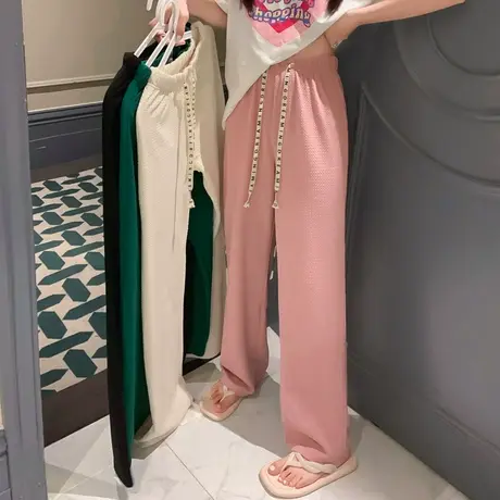 韩国泡芙裤女春夏2023年高腰显瘦休闲裤垂感华夫格直筒裤阔腿裤子图片