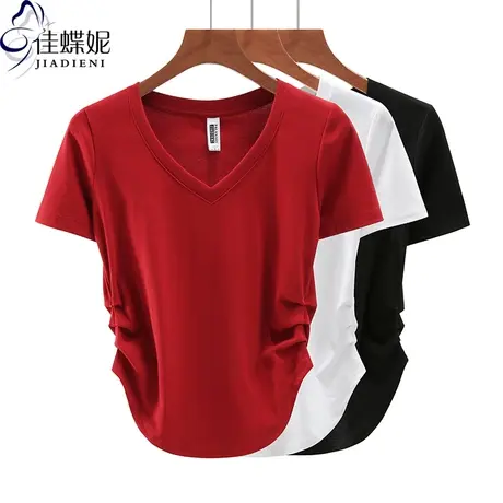 夏季新款韩版V领修身纯棉褶皱下摆圆弧短款短袖体恤上衣女打底衫商品大图