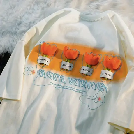 立体设计感小花大码t恤女美式慵懒风可盐可甜宽松短袖潮ins上衣夏商品大图