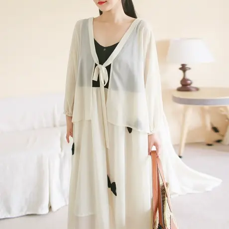 胖妹妹2025夏温柔系带设计套装空气感防晒外套+撞色吊商品大图