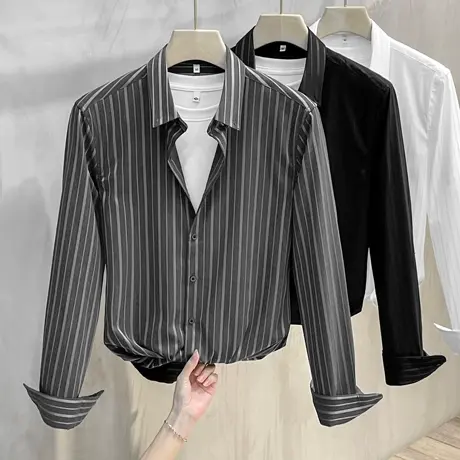 条纹长袖衬衫男设计感小众商务高端免烫男士衬衣春秋2023年新款潮商品大图