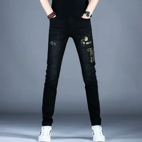 秋冬男士新款牛仔裤子时尚欧版黑色精致刺绣小脚2023潮牌厚款长裤商品大图