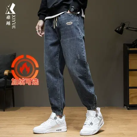 希越秋季新款复古牛仔裤男款松紧腰抽绳宽松大码束脚秋冬加绒男裤商品大图