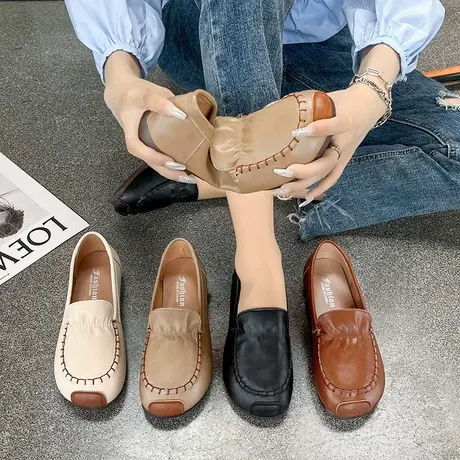 单鞋女圆头一脚蹬2024年秋季新款百搭软底防滑复古风懒人豆豆鞋潮商品大图