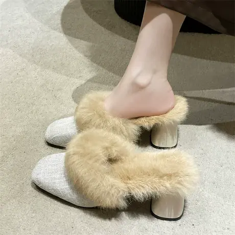 法式毛毛拖鞋女2024年新款秋冬小众粗跟高跟鞋配裙子气质包头半拖图片