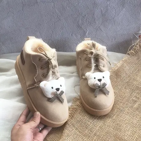 2023冬季新款百搭加绒保暖棉鞋加厚靴子短筒系带学生卡通雪地靴女图片
