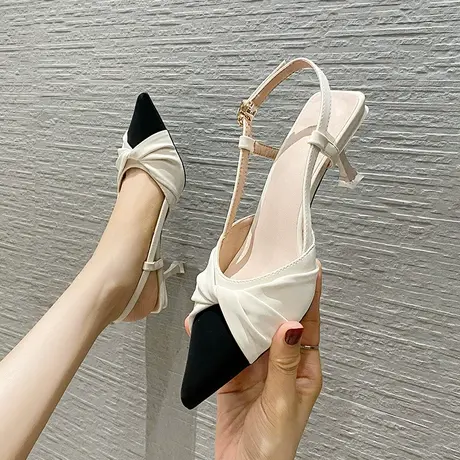 拼接尖头高跟鞋女细跟2024年夏季新款性感百搭名媛风一字扣带凉鞋商品大图