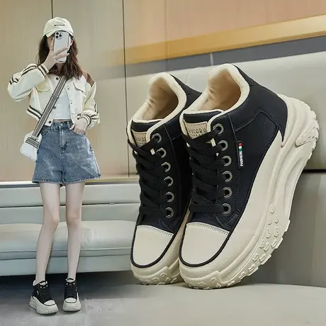 高帮运动鞋女黑色厚底休闲鞋2023秋季新款松糕女鞋显脚小老爹鞋潮商品大图