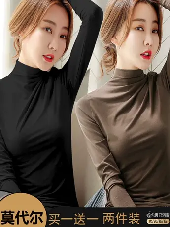 莫代尔半高领打底衫女2023秋冬内搭长袖t恤时髦洋气黑色百搭上衣商品大图