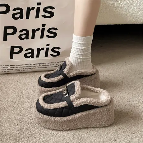 包头半拖鞋女外穿2023冬坡跟厚底小个子毛毛鞋网红ins高跟穆勒鞋商品大图