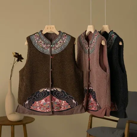 刺绣宽松仿羊羔毛马夹马甲中式文艺复古坎肩气质减龄2022秋冬新款图片