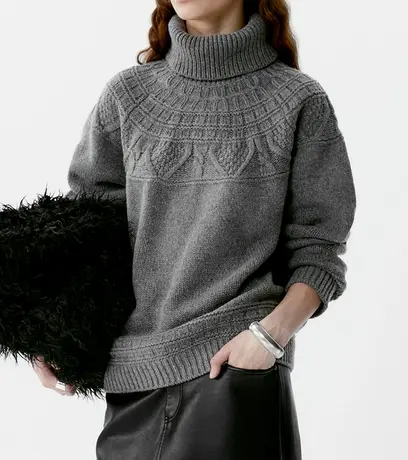 享永子【细腻桂花针+肌理正反针+阿兰花针层次组合】北欧风毛衣女商品大图