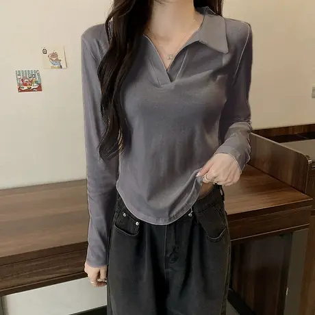 polo领纯欲风显瘦长袖t恤女修身气质感短款纯色辣妹上衣女设计感图片