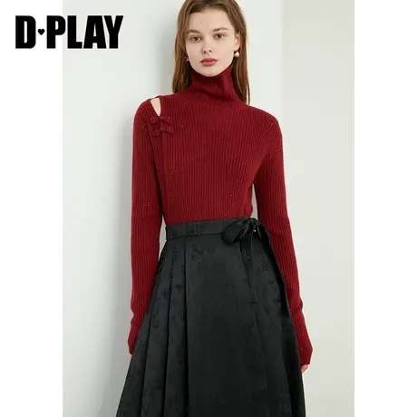 DPLAY新中式亮片羊毛羊绒红色不对称镂空国风盘扣套头毛衣图片