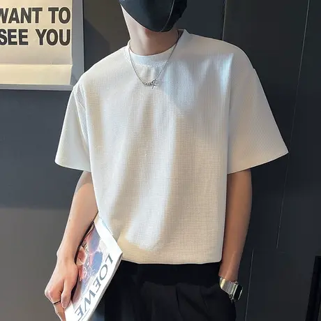 夏季男士t恤男装短袖宽松纯色半截袖学生百搭ins半袖潮流圆领体恤商品大图
