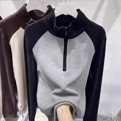 撞色插肩袖T恤女秋冬装德绒保暖修身设计感半拉链立领内搭上衣潮商品大图