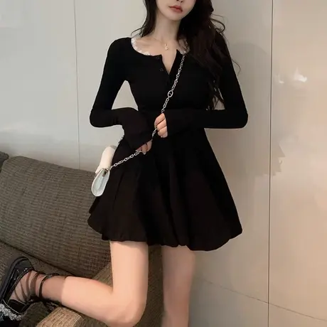 大码胖mm长袖连衣裙女春季新款法式收腰显瘦遮肚小黑裙子2-240斤商品大图