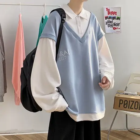 潮流撞色拼接宽松休闲假两件卫衣男秋季oversize港风套头翻领衣服商品大图