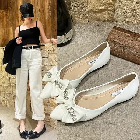 女士单鞋女鞋新款2024年春季尖头浅口平底鞋蝴蝶结仙女风晚晚鞋子商品大图