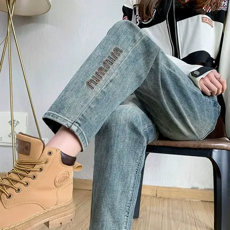 冷茶色直筒牛仔裤女2024年新款春秋小个子高腰宽松九分萝卜哈伦裤商品大图