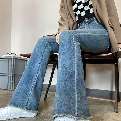复古微喇牛仔裤女2024春秋新款高腰显瘦时尚百搭设计感窄版拖地裤图片