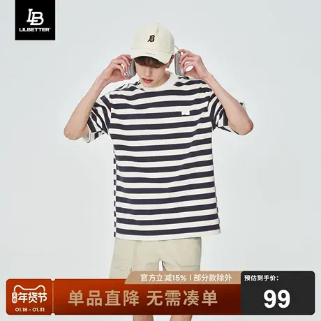 Lilbetter条纹短袖男夏季2024新款圆领半袖上衣宽松五分袖体恤潮商品大图