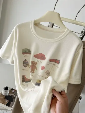 软糯毛巾料~白色复古卡通印花短袖t恤女宽松显瘦休闲加厚打底上衣商品大图