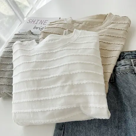 别致花边设计感小众短袖t恤女ins潮夏季宽松圆领纯色百搭休闲上衣商品大图