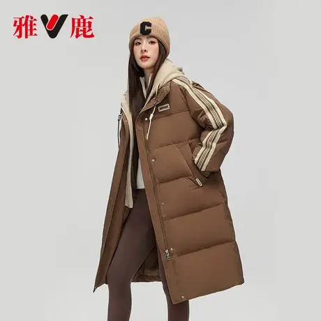 雅鹿拼接假两件咖色羽绒服女冬季2024新款长款撞色条纹运动厚外套图片