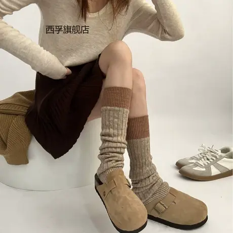 秋冬针织保暖绵羊绒撞色袜套灰色小腿袜JK拼接腿套女Y2K堆堆袜套商品大图