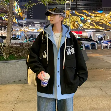 男2024春季新款港风夹克青少年春秋款撞色拼接休闲宽松款连帽外套图片