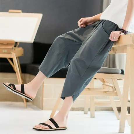 亚麻七分裤男中国风复古拼接休闲短裤薄款宽松棉麻裤潮流7分中裤商品大图