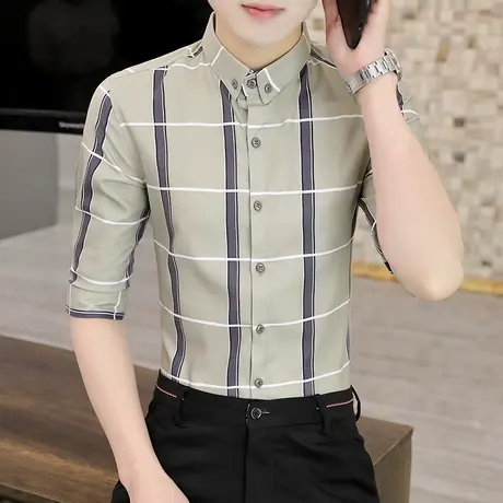 七分袖格子衬衫男士冰丝薄款免烫高级感衬衣潮男装发型师短袖夏季商品大图