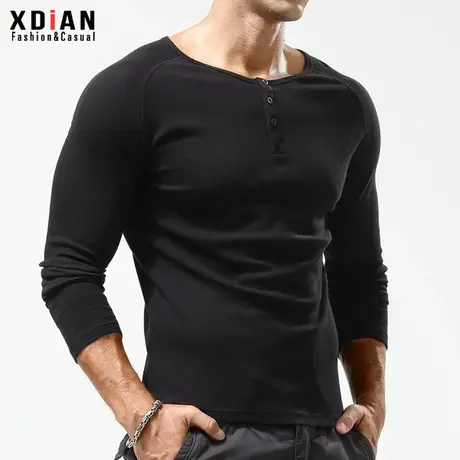 亨利衫男长袖t恤亨利领美式复古重磅运动健身修身螺纹纯棉打底衫商品大图