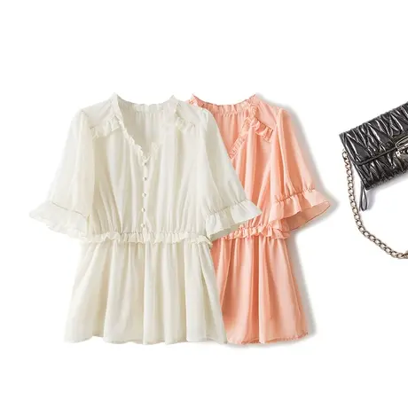 伊自尚2023夏季新款女装韩版时尚大码胖mm宽松显瘦V领雪纺衫上衣图片