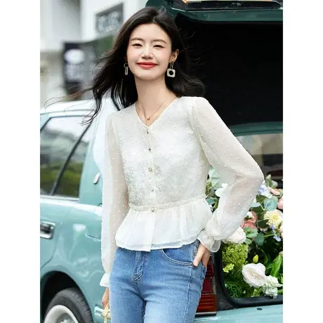 时尚气质长袖衬衫2023早秋新款淑女温柔甜美圆领修身显瘦通勤上衣商品大图