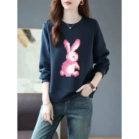 宝诗黎圆领印花棉质宽松卫衣2023春秋季新款长袖上衣时尚百搭女装商品大图