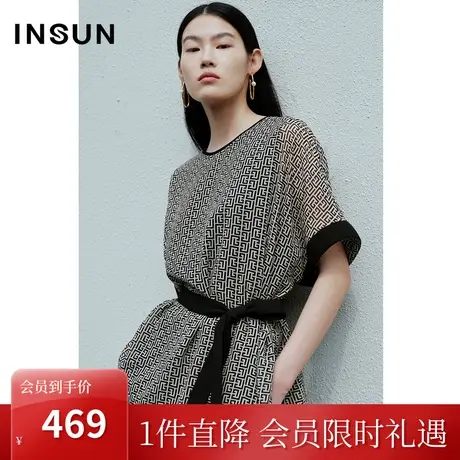 恩裳COVER2023夏装新款迷宫几何图案镶嵌金丝纱线大气连肩袖衬衫图片