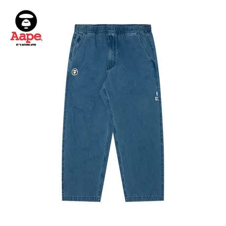 Aape旗舰店男装秋冬猿颜迷彩徽章纯色简约宽松牛仔长裤A623XXL图片