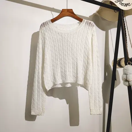 长袖镂空针织罩衫女外穿夏季新款韩版短款配吊带裙子的上衣防晒衫图片