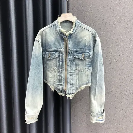 2023秋季新款不规则下摆毛边设计感立领显瘦时尚牛仔外套上衣女潮图片