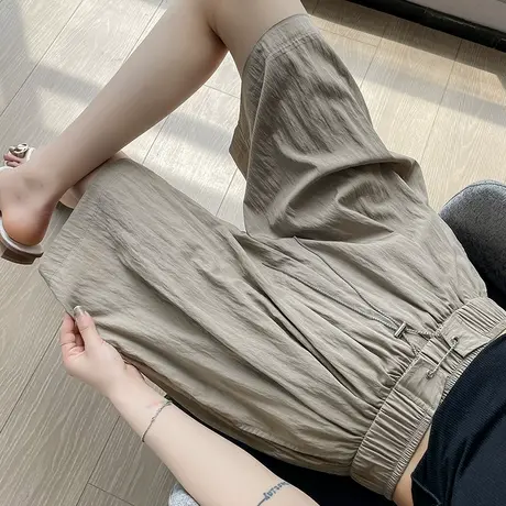 褶皱冰丝阔腿中裤女夏季薄款棉麻高腰垂感小众直筒五分韩版裤子潮图片