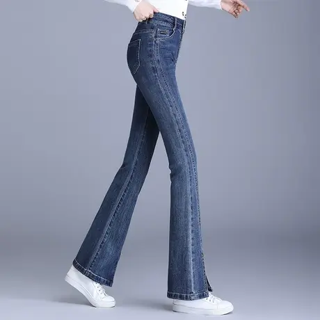 微喇牛仔裤女春秋2023新款高腰修身显瘦开叉小个子双扣直筒喇叭裤图片
